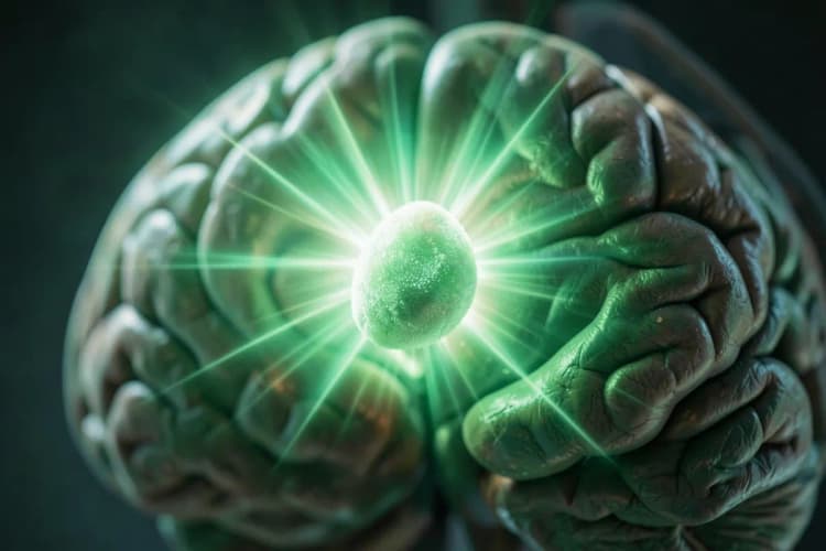 Uma ilustração mostrando a glândula pineal no cérebro humano com raios de luz emanando dela