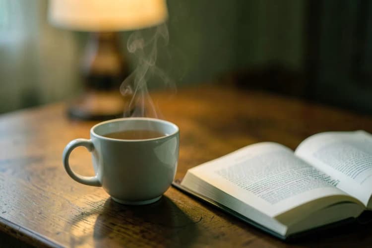 Um copo de chá de camomila fumegante ao lado de um livro aberto em uma mesa de madeira