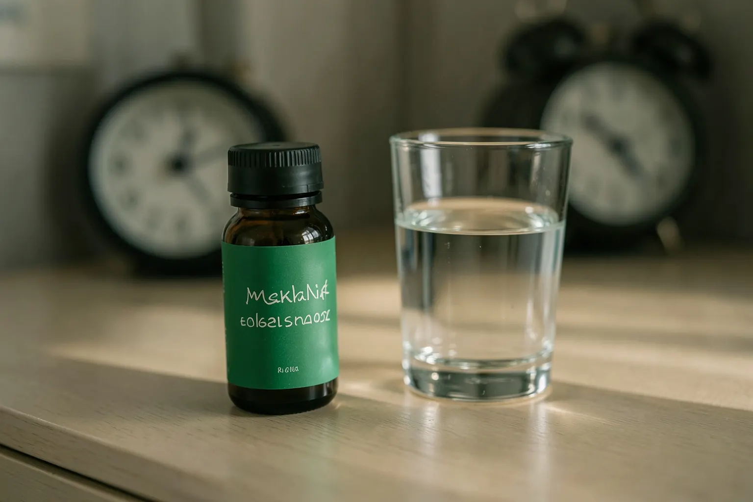 Um frasco de melatonina ao lado de um copo d'água em uma mesa de cabeceira com um despertador ao fundo