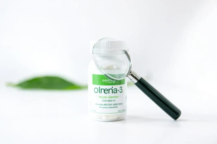 Um frasco de ômega 3 em destaque com uma lupa sobre ele em um fundo branco com uma folha verde desfocada