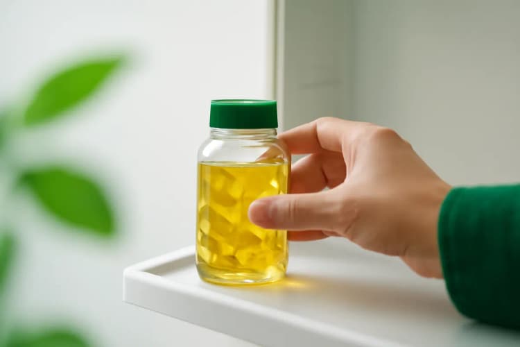 Um frasco de ômega 3 em um ambiente refrigerado com uma mão colocando-o na geladeira em um fundo branco com uma folha verde desfocada