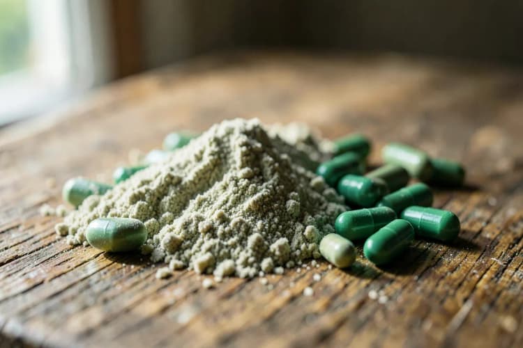 Diversos tipos de suplementos de magnésio em pó e cápsulas dispostos sobre uma superfície de madeira.
