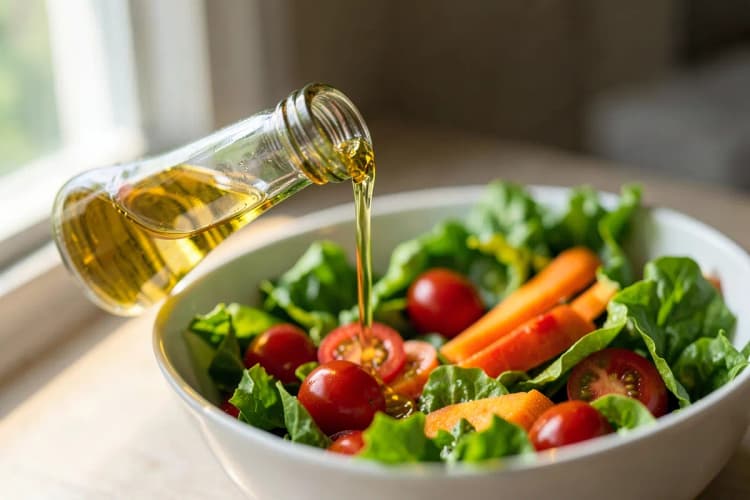 Uma pessoa adicionando óleo de coco líquido a uma salada em uma tigela.