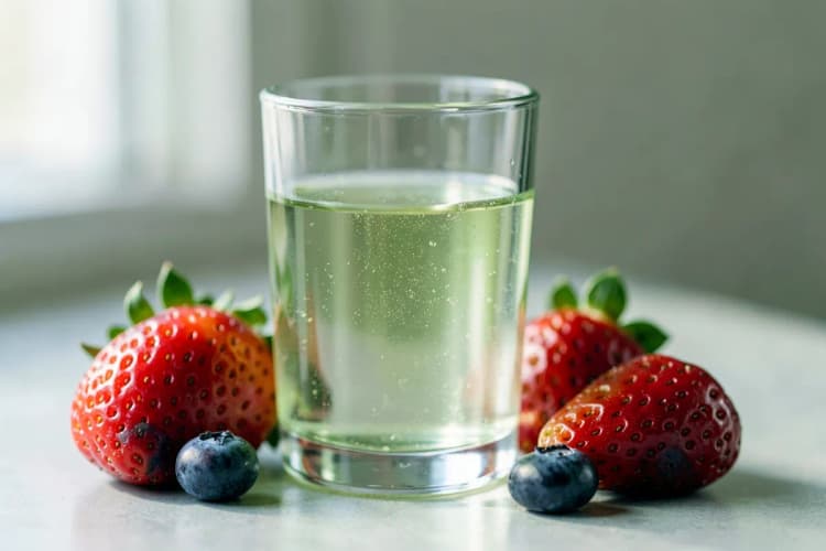 Um copo com colágeno hidrolisado dissolvido e frutas como morangos e mirtilos ao lado.