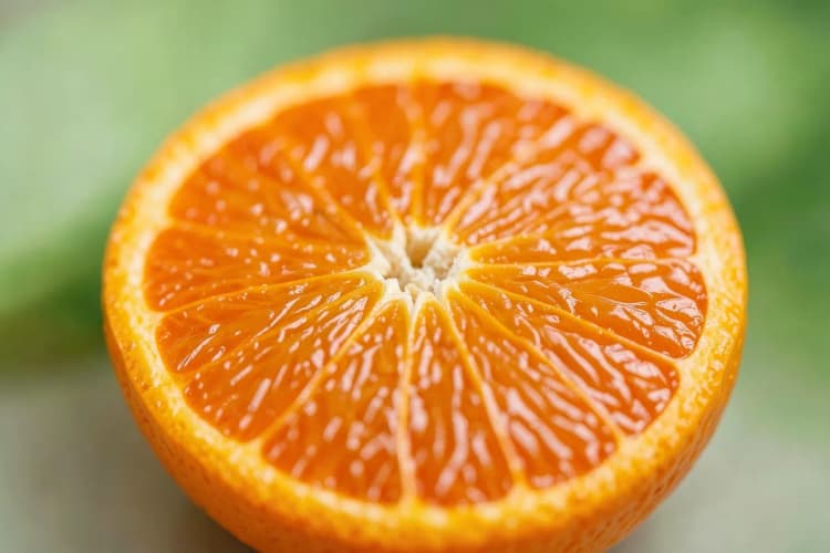Uma pele de laranja com aspecto saudável e radiante, em close-up extremo.