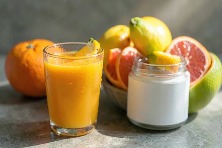 Um copo de suco de laranja fresco ao lado de um pote de colágeno hidrolisado e uma tigela com frutas cítricas variadas.