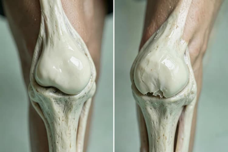 Close-up de uma articulação de joelho saudável em comparação com uma articulação com sinais de desgaste, com destaque para a cartilagem.