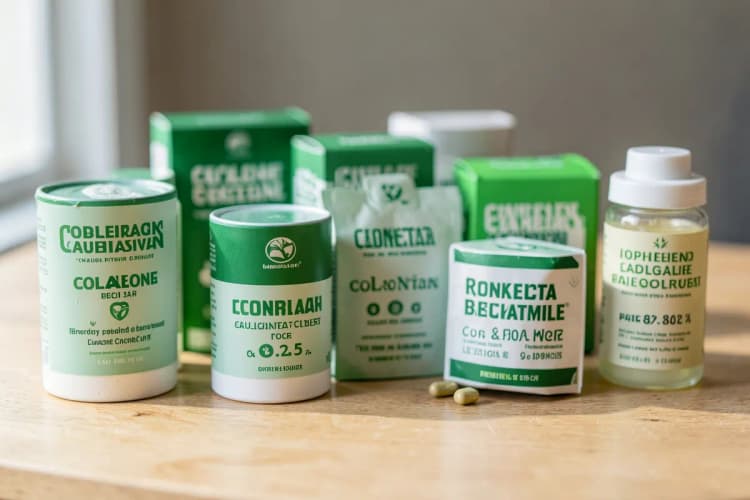 Embalagens de diferentes suplementos de colágeno (pó, cápsulas, líquido) dispostas sobre uma superfície de madeira clara.