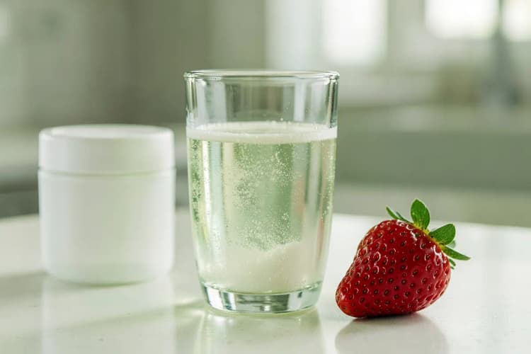 Copo de água com colágeno em pó dissolvido, ao lado de um pote do suplemento e um morango para indicar sabor.