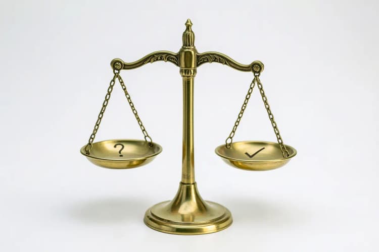 Balança de pratos com um lado representando "Mitos" (com um ponto de interrogação) e o outro "Verdades" (com um sinal de check), sobre fundo branco.