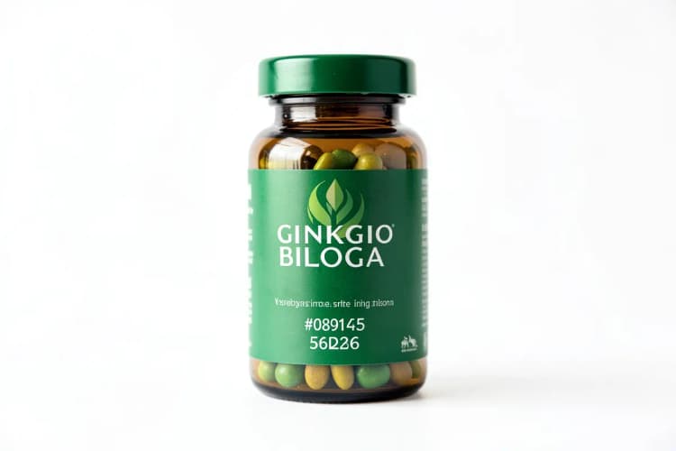 Um frasco fechado de Ginkgo Biloba em destaque, com um símbolo de proibido sobreposto.