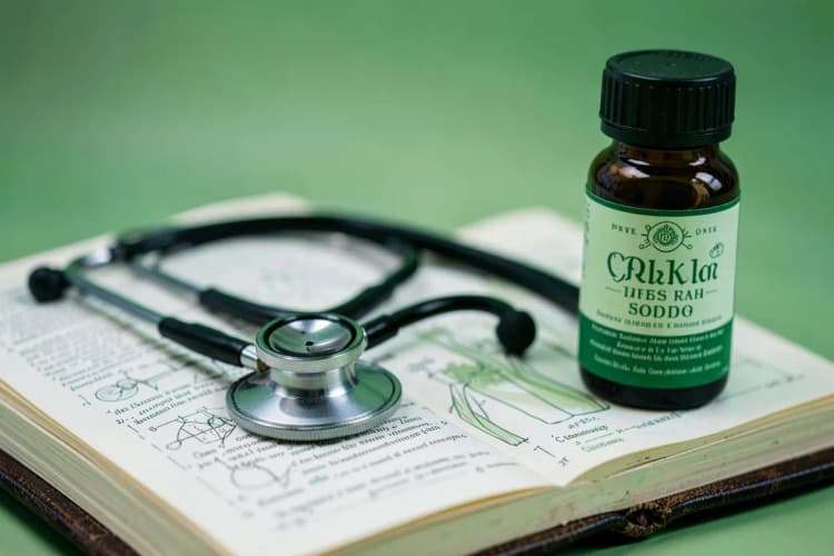 Um estetoscópio sobre um livro aberto de medicina, com um frasco de Ginkgo Biloba ao lado.