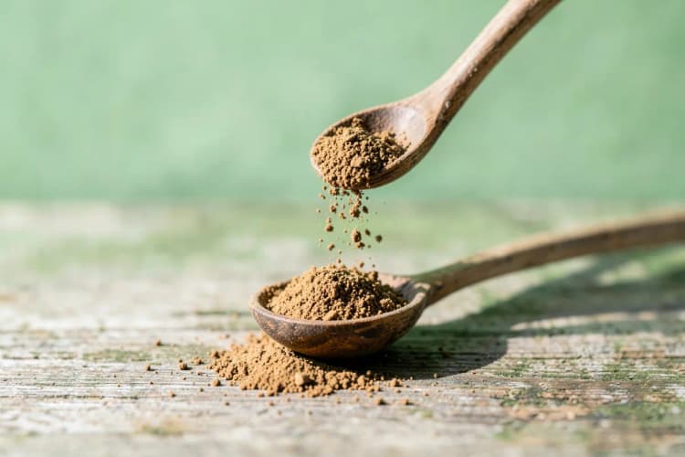 Um punhado de pó de tribulus terrestris caindo de uma colher de madeira sobre uma superfície rústica.