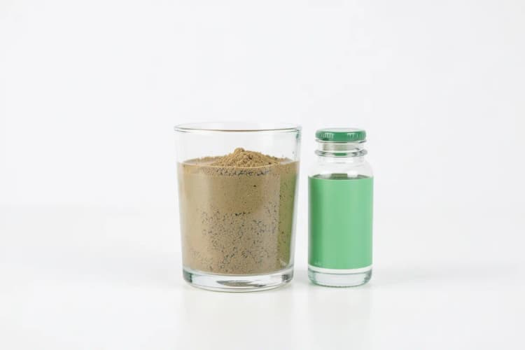 Um copo de água com tribulus terrestris em pó misturado, ao lado de um frasco do suplemento.