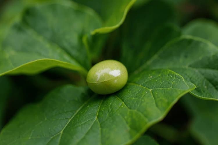 Um único comprimido de Ginkgo Biloba em destaque sobre um fundo desfocado de folhas verdes.