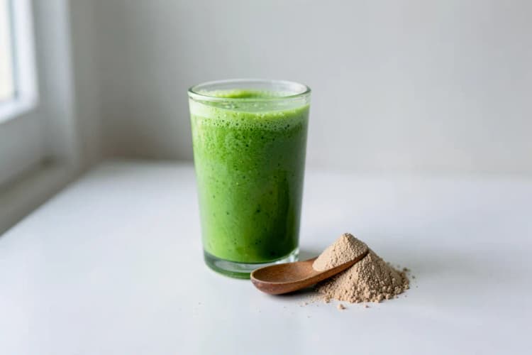 Um copo de smoothie verde com uma colher e um pouco de pó de maca peruana ao lado.