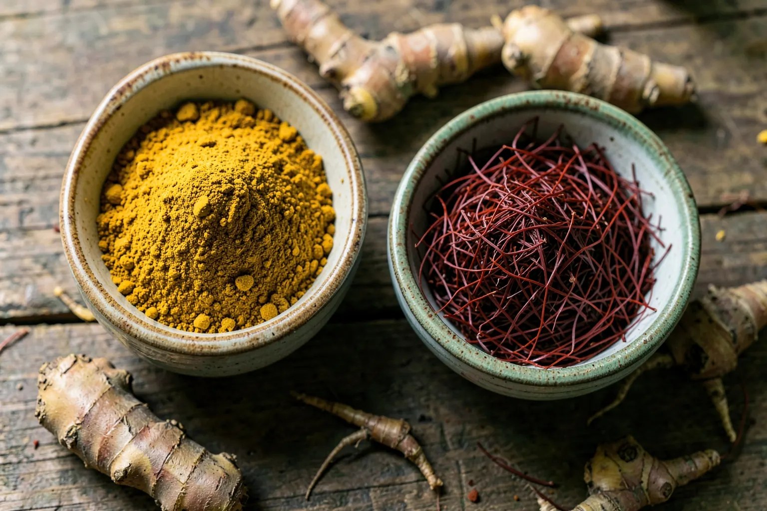 Pó de cúrcuma e açafrão em recipientes separados, com alguns rizomas ao lado.