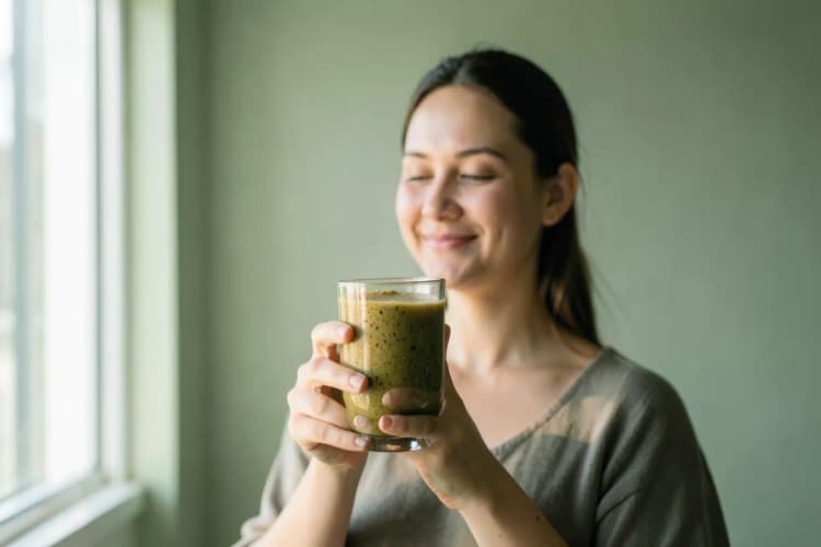 Mulher sorrindo segurando um copo com smoothie de maca peruana.
