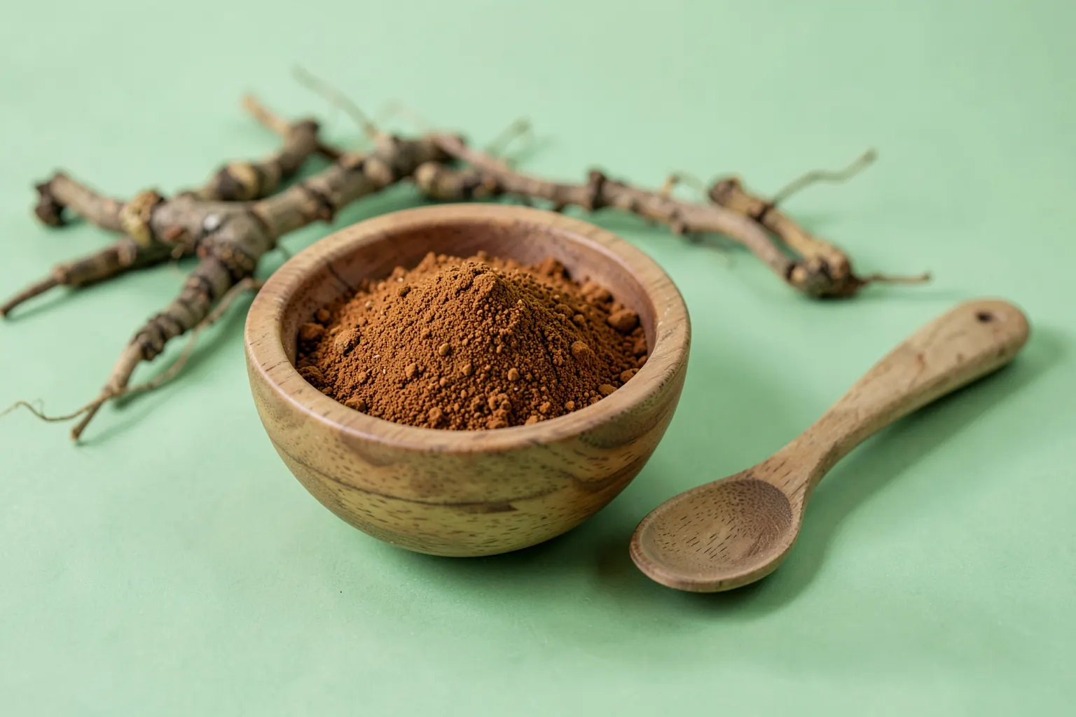 Maca peruana em pó em uma tigela de madeira com uma colher ao lado, com algumas raízes de maca ao fundo.