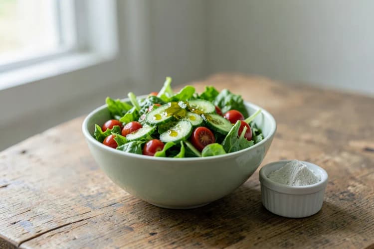 Uma tigela de salada fresca com folhas verdes, legumes e um fio de azeite, com um pequeno recipiente de magnésio ao lado.