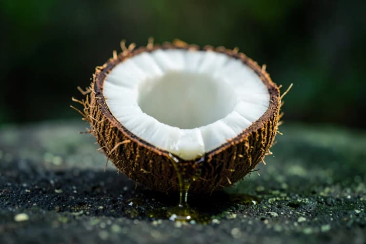 Um coco partido ao meio com óleo de coco escorrendo em uma superfície de pedra escura.