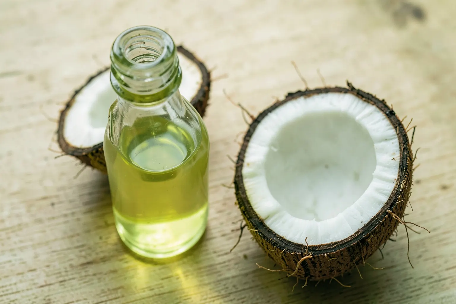 Um frasco de vidro transparente com óleo de coco ao lado de um coco partido ao meio sobre uma superfície de madeira clara.
