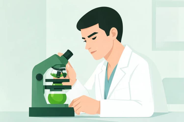 Um cientista em laboratório examinando um frasco com própolis verde sob luz.