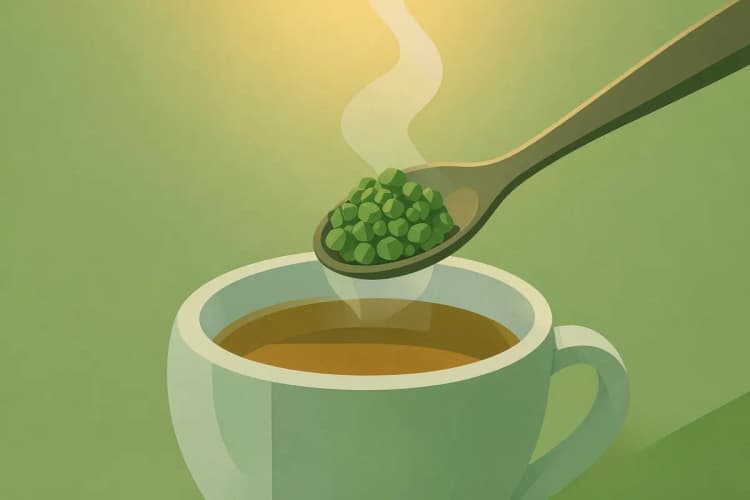 Uma colher com própolis verde sendo adicionada a um copo de chá quente.