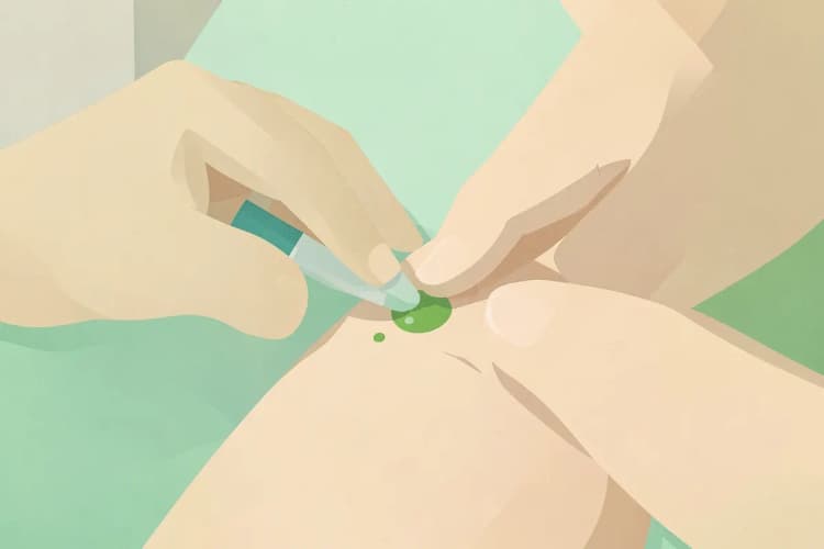 Uma pessoa aplicando própolis verde topicamente em um pequeno corte na pele.