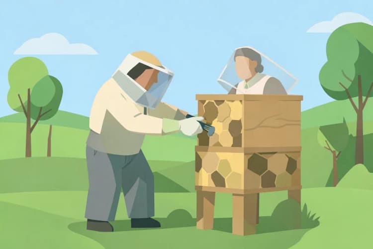 Um apicultor coletando própolis de uma colmeia em um ambiente rural.