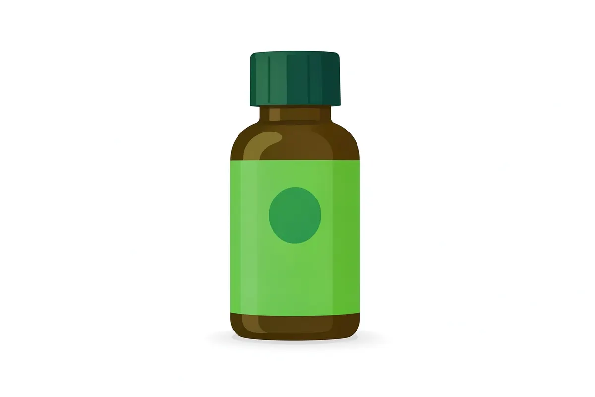 Um frasco de própolis verde com um selo de qualidade em um fundo branco.