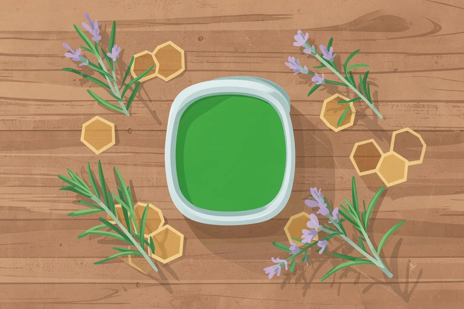 Um pote de mel com própolis verde ao lado de favos de mel e flores de alecrim em um fundo de madeira rústica.