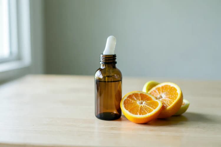 Um frasco de vitamina C em gotas aberto ao lado de frutas cítricas como laranjas e limões.