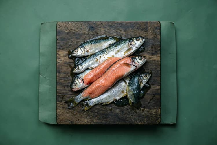 Peixes gordurosos como salmão e sardinha dispostos artisticamente em uma tábua de madeira escura.