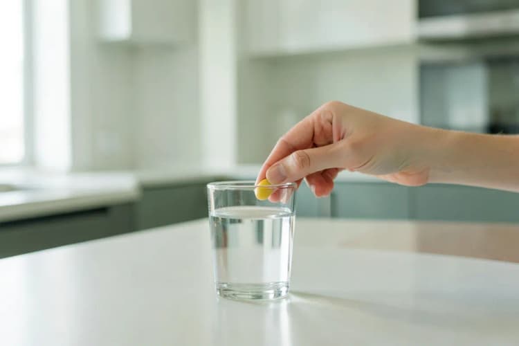 Uma pessoa colocando um comprimido de vitamina D em um copo de água em uma cozinha moderna e iluminada.