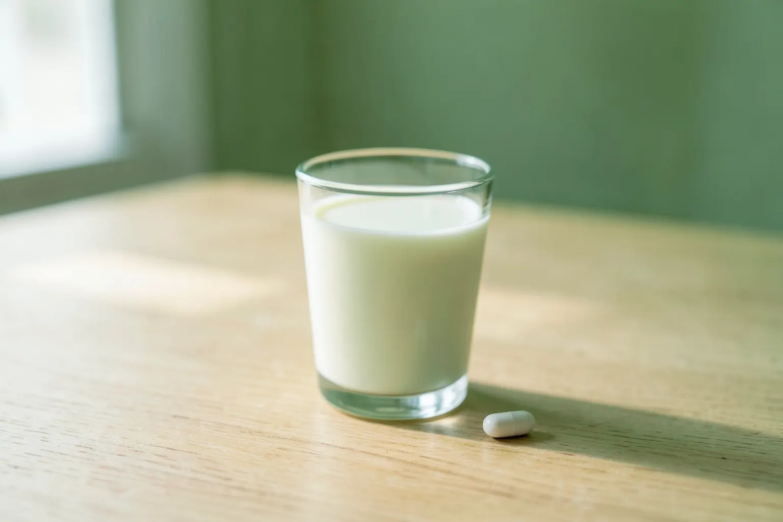 Um copo de leite com um comprimido de vitamina D ao lado em uma mesa de madeira clara, com luz natural vindo da janela.