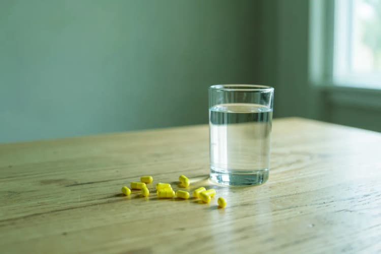 Cápsulas de vitamina D e um copo de água sobre uma mesa.