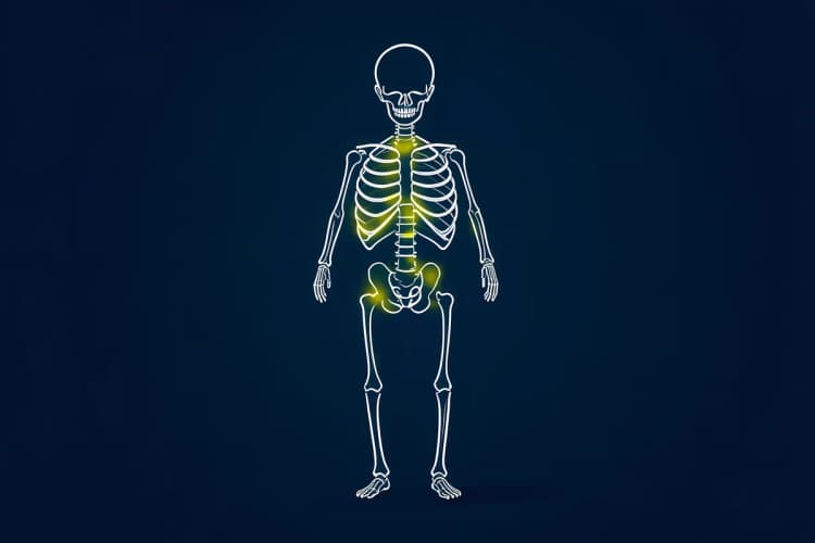 Representação gráfica de ossos humanos com destaque para a vitamina D.