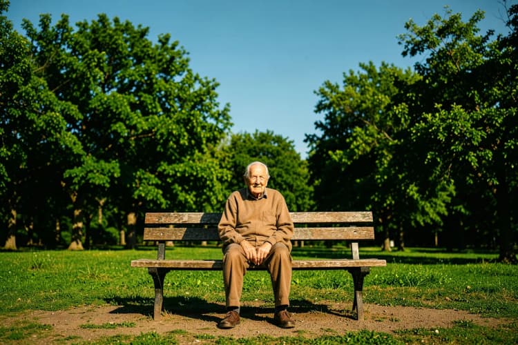Pessoa idosa tomando sol em um parque.