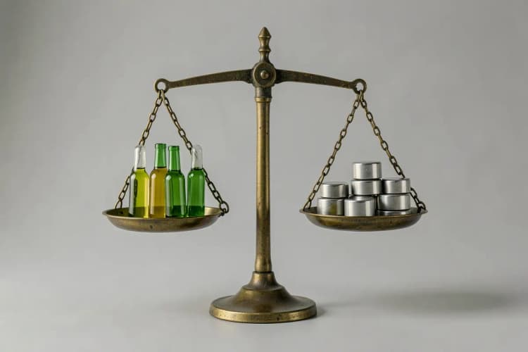 Balança com ampolas de vitamina D de um lado e pesos do outro.