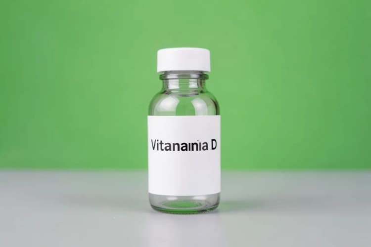 Frasco de medicamento com rótulo escrito "Vitamina D".