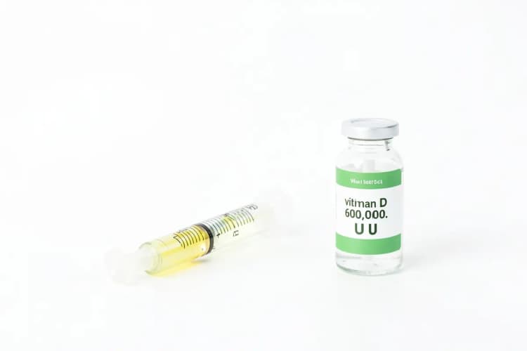 Seringa com agulha e frasco de vitamina D 600.000 UI.