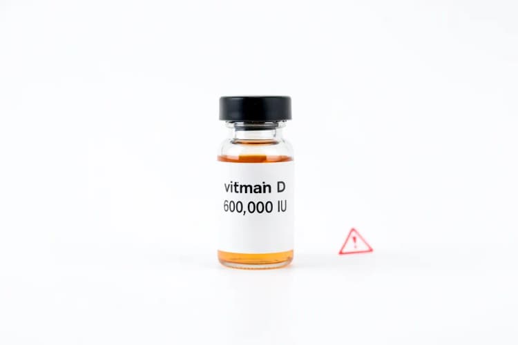 Frasco de vitamina D 600.000 UI com símbolo de alerta.