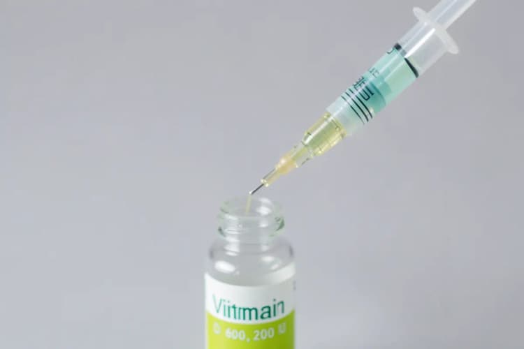 Seringa sendo preparada para injeção de vitamina D 600.000 UI.